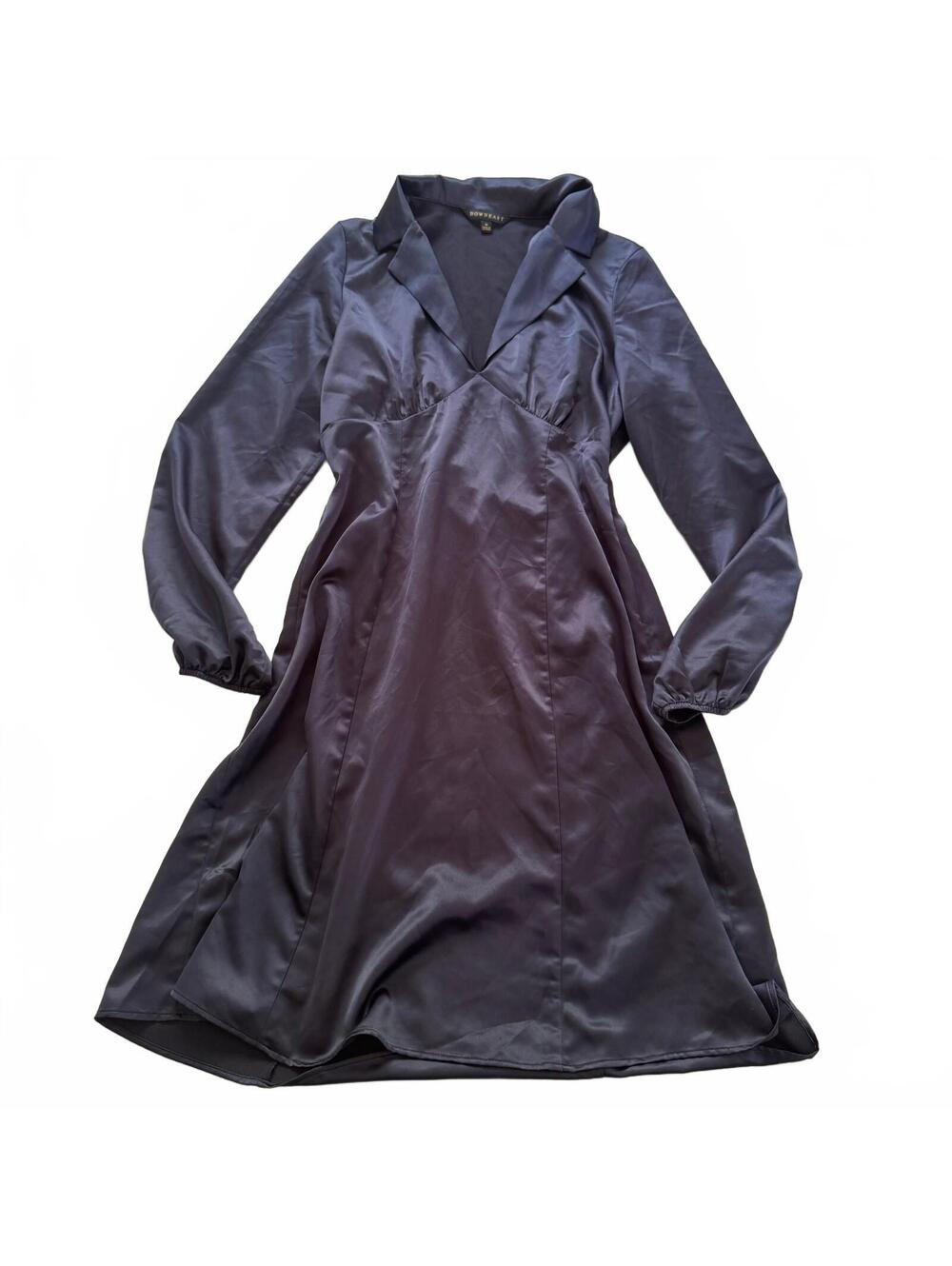 Downeast Satin Midi Dress Womens Medium Slate Navy Autumn Wedding Guest Collared